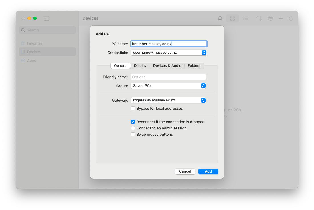 Microsoft Remote Desktop Add PC dialog with PC name and credentials fields filled in