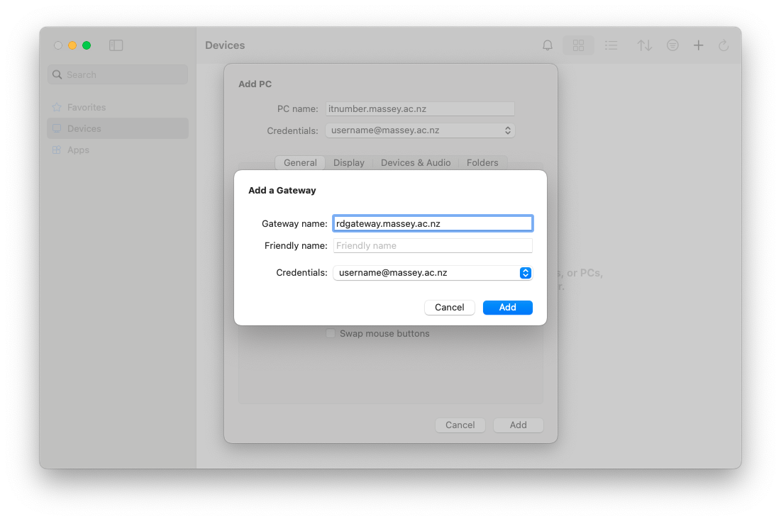 Microsoft Remote Desktop gateway settings dialog configured for rdgateway.massey.ac.nz