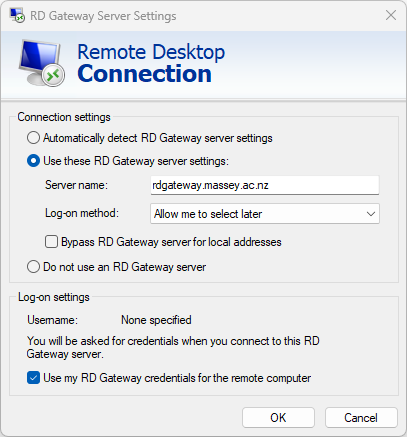 RD Gateway server settings dialog configured for rdgateway.massey.ac.nz