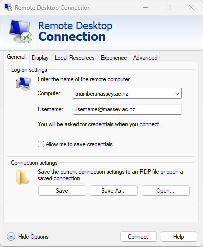 Remote Desktop Connection dialog with computer and username fields filled in